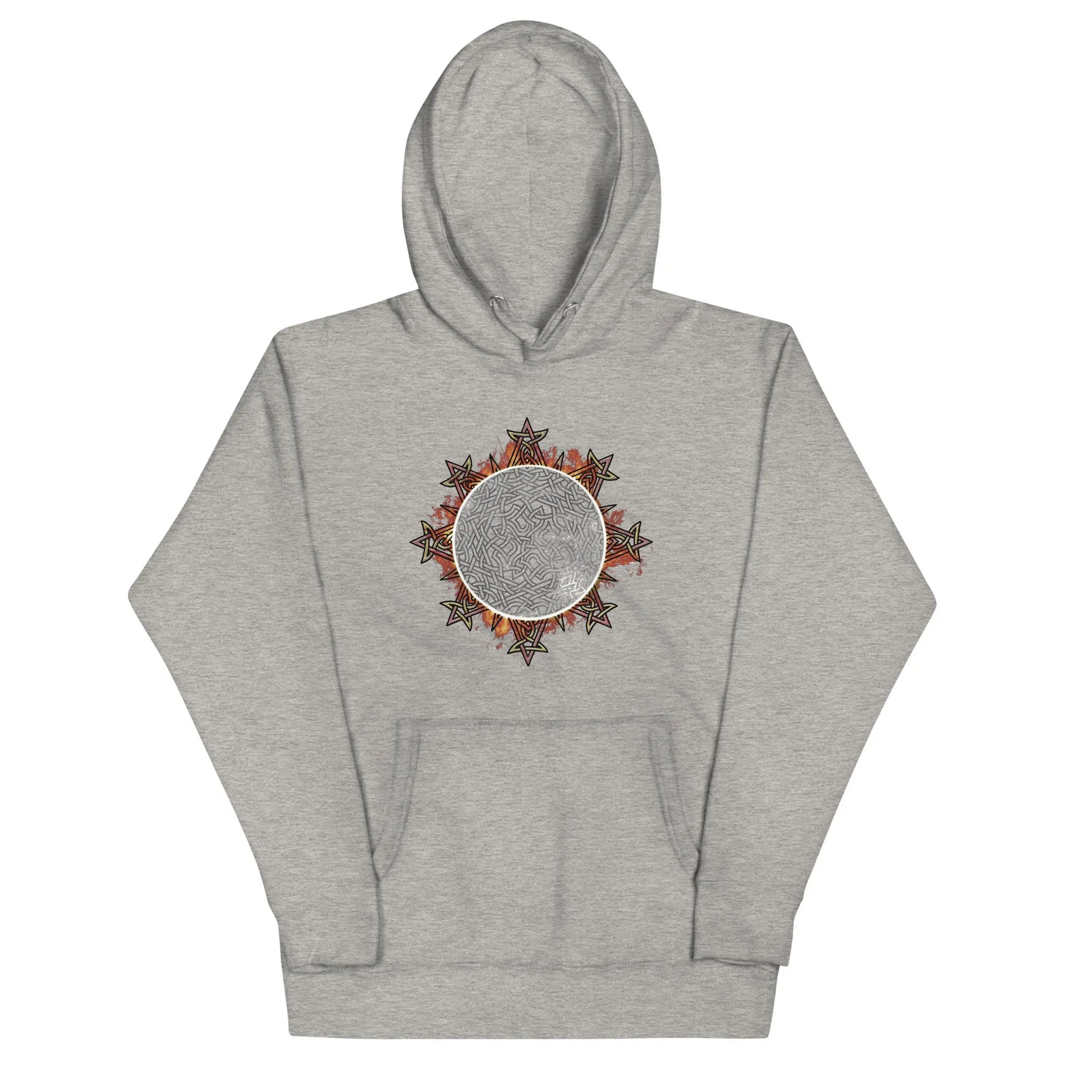 A carbon grey Xigfireon graphic hoodie featuring the Eclipsed iteration of the Morning Star Fire Celtic knot design, inspired by the 2023 Annular Solar Eclipse.