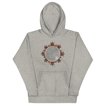 A carbon grey Xigfireon graphic hoodie featuring the Eclipsed iteration of the Morning Star Fire Celtic knot design, inspired by the 2023 Annular Solar Eclipse.