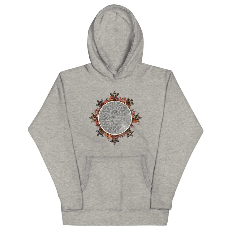 A carbon grey Xigfireon graphic hoodie featuring the Eclipsed iteration of the Morning Star Fire Celtic knot design, inspired by the 2023 Annular Solar Eclipse.