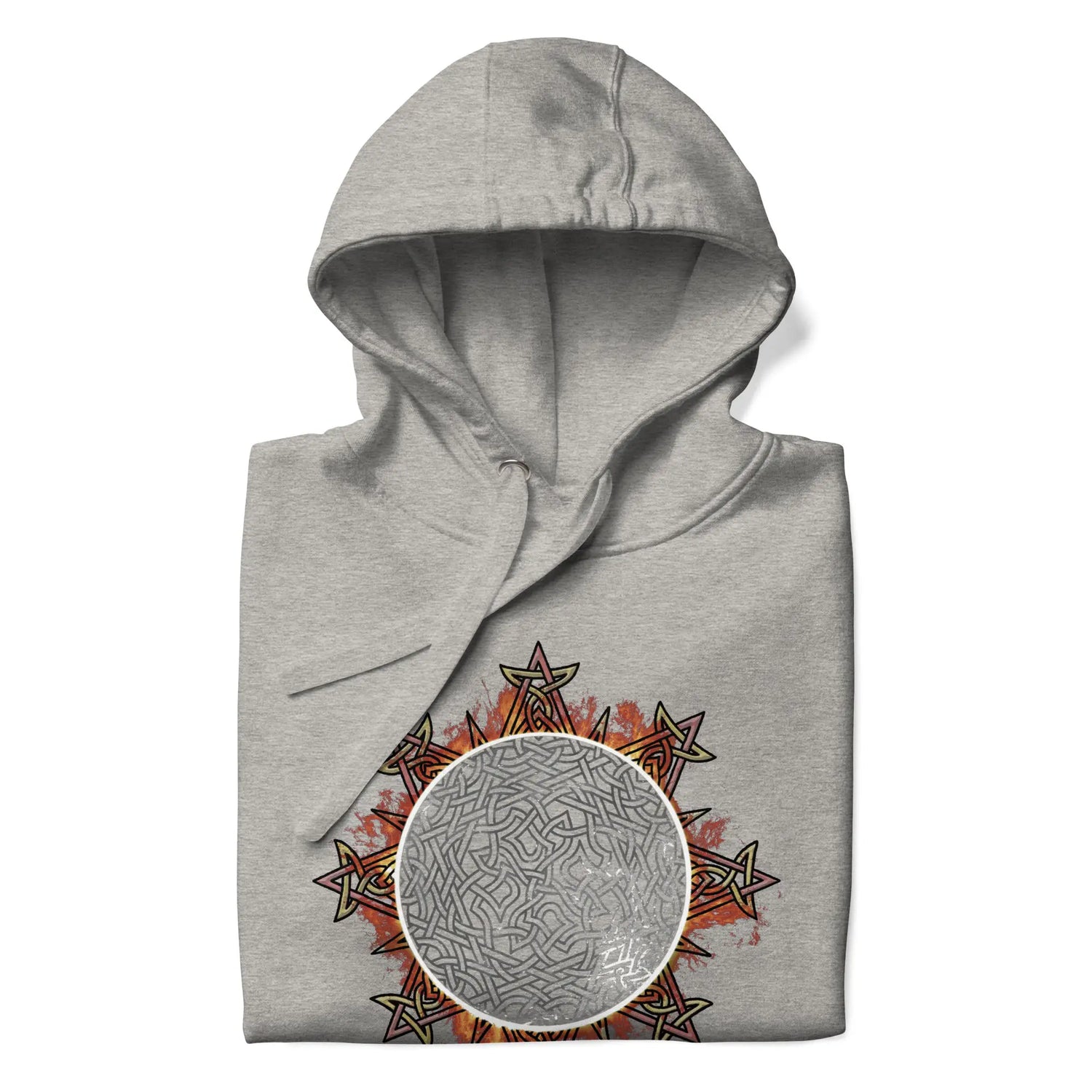 A folded carbon grey Xigfireon graphic hoodie featuring the Eclipsed iteration of the Morning Star Fire Celtic knot design, inspired by the 2023 Annular Solar Eclipse.