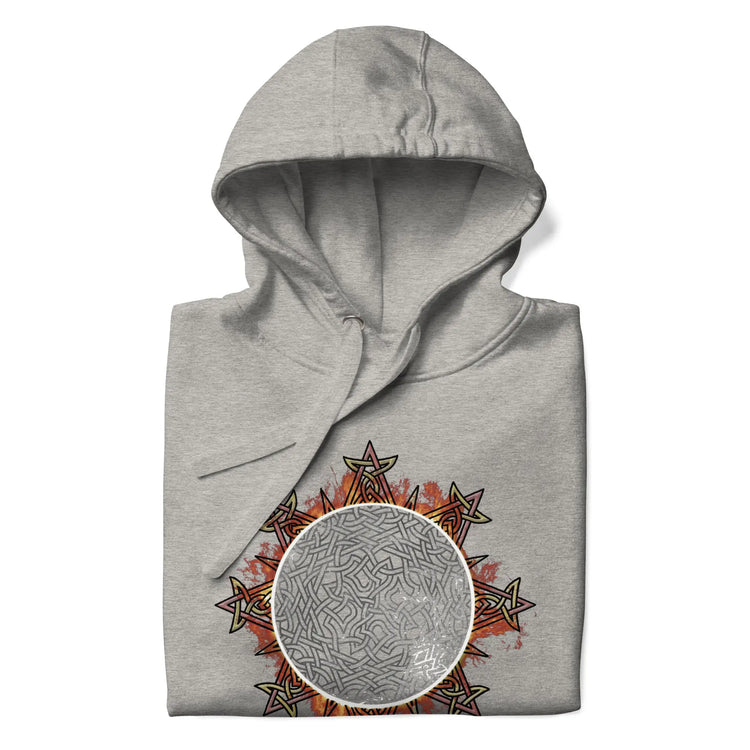 A folded carbon grey Xigfireon graphic hoodie featuring the Eclipsed iteration of the Morning Star Fire Celtic knot design, inspired by the 2023 Annular Solar Eclipse.
