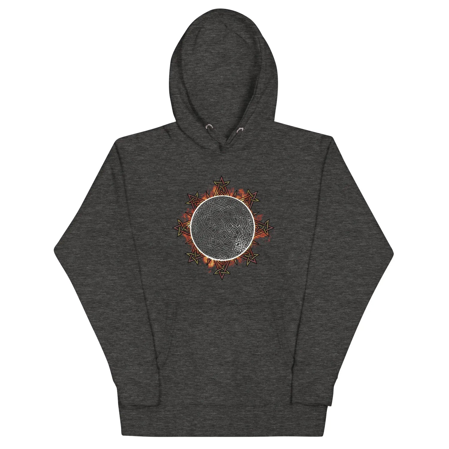 A charcoal heather grey Xigfireon graphic hoodie featuring the Eclipsed iteration of the Morning Star Fire Celtic knot design, inspired by the 2023 Annular Solar Eclipse.