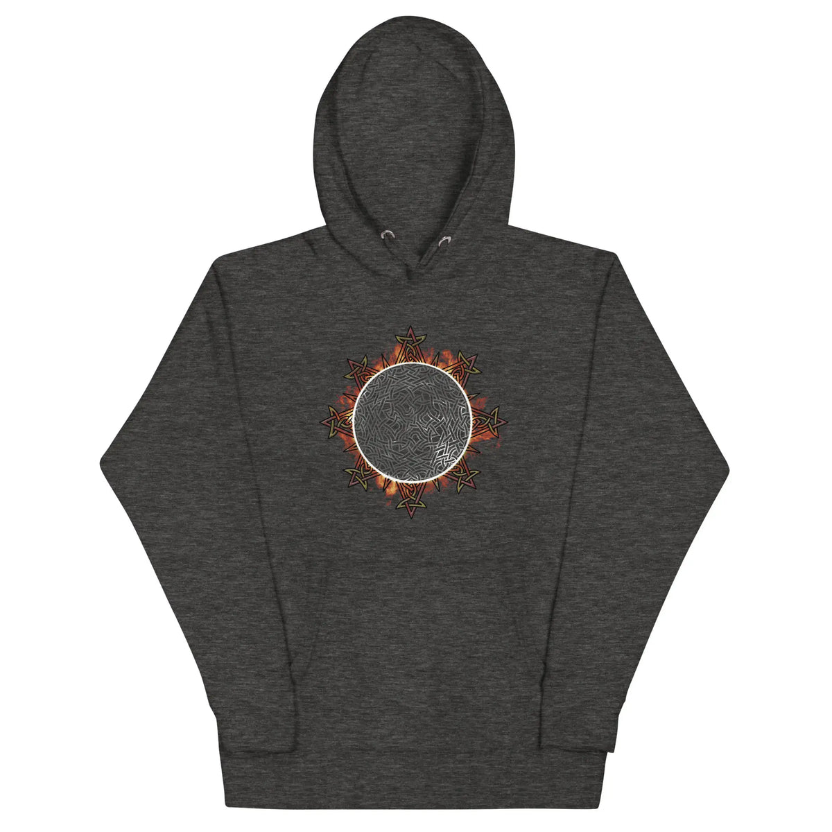 A charcoal heather grey Xigfireon graphic hoodie featuring the Eclipsed iteration of the Morning Star Fire Celtic knot design, inspired by the 2023 Annular Solar Eclipse.