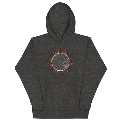A charcoal heather grey Xigfireon graphic hoodie featuring the Eclipsed iteration of the Morning Star Fire Celtic knot design, inspired by the 2023 Annular Solar Eclipse.