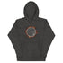 A charcoal heather grey Xigfireon graphic hoodie featuring the Eclipsed iteration of the Morning Star Fire Celtic knot design, inspired by the 2023 Annular Solar Eclipse.