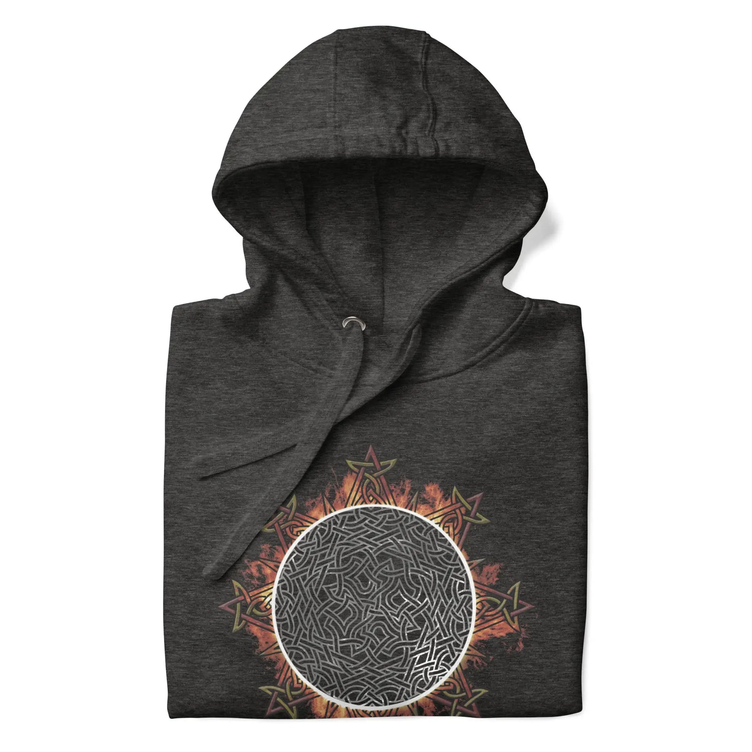 A folded charcoal heather grey Xigfireon graphic hoodie featuring the Eclipsed iteration of the Morning Star Fire Celtic knot design, inspired by the 2023 Annular Solar Eclipse.