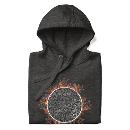 A folded charcoal heather grey Xigfireon graphic hoodie featuring the Eclipsed iteration of the Morning Star Fire Celtic knot design, inspired by the 2023 Annular Solar Eclipse.