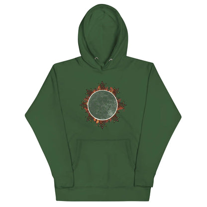 A forest green Xigfireon graphic hoodie featuring the Eclipsed iteration of the Morning Star Fire Celtic knot design, inspired by the 2023 Annular Solar Eclipse.