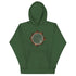 A forest green Xigfireon graphic hoodie featuring the Eclipsed iteration of the Morning Star Fire Celtic knot design, inspired by the 2023 Annular Solar Eclipse.