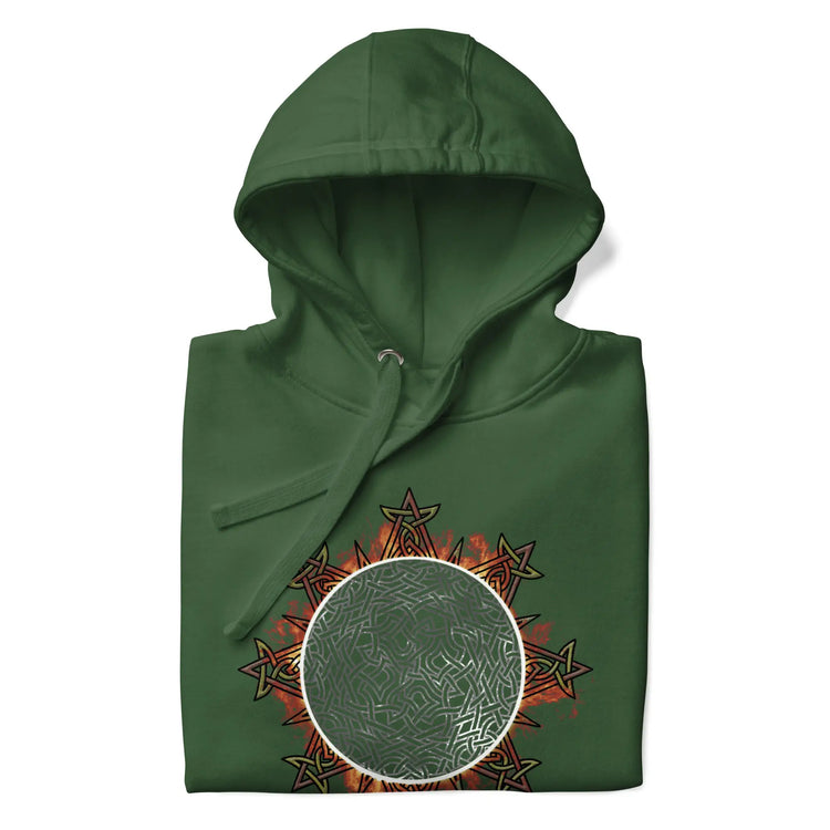 A folded forest green Xigfireon graphic hoodie featuring the Eclipsed iteration of the Morning Star Fire Celtic knot design, inspired by the 2023 Annular Solar Eclipse.