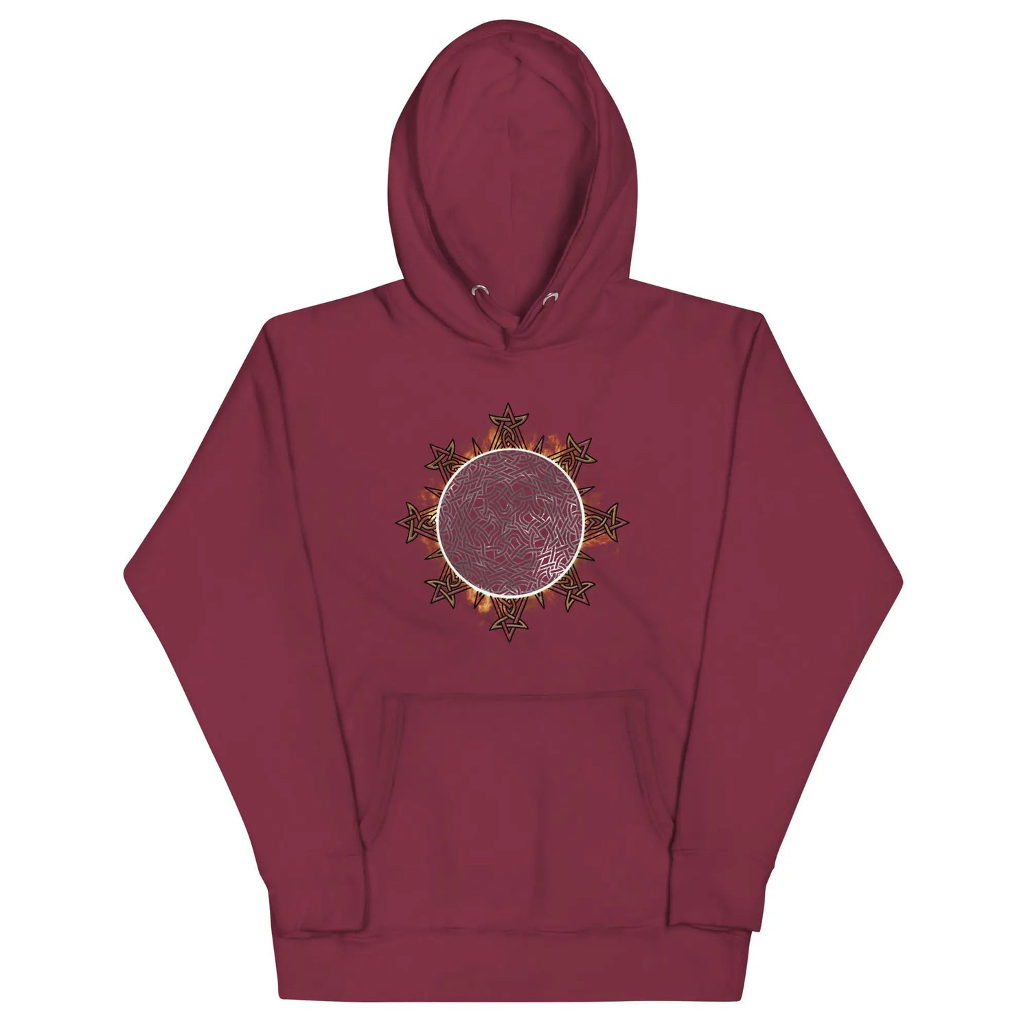 A maroon Xigfireon graphic hoodie featuring the Eclipsed iteration of the Morning Star Fire Celtic knot design, inspired by the 2023 Annular Solar Eclipse.