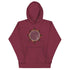 A maroon Xigfireon graphic hoodie featuring the Eclipsed iteration of the Morning Star Fire Celtic knot design, inspired by the 2023 Annular Solar Eclipse.