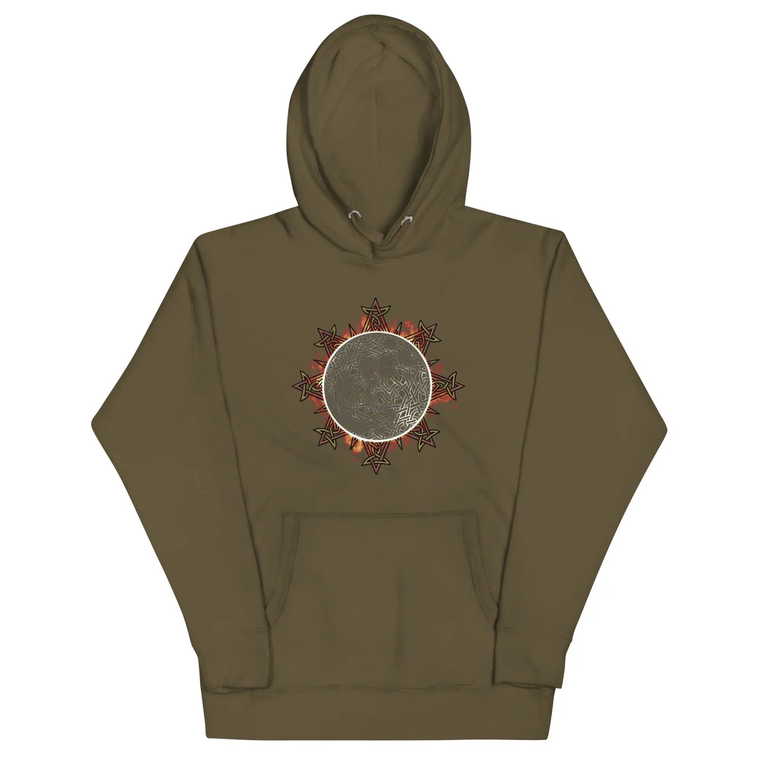 A military green Xigfireon graphic hoodie featuring the Eclipsed iteration of the Morning Star Fire Celtic knot design, inspired by the 2023 Annular Solar Eclipse.