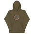 A military green Xigfireon graphic hoodie featuring the Eclipsed iteration of the Morning Star Fire Celtic knot design, inspired by the 2023 Annular Solar Eclipse.