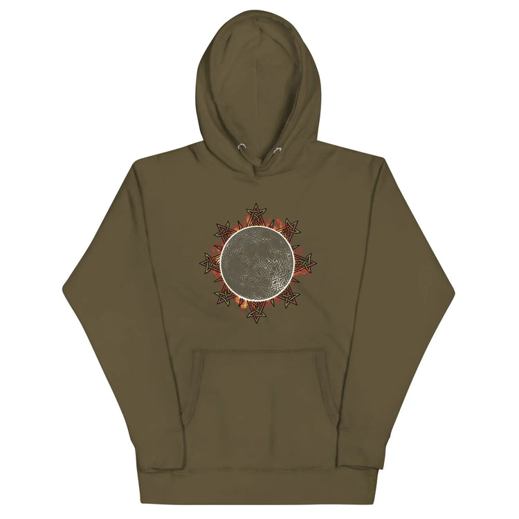 A military green Xigfireon graphic hoodie featuring the Eclipsed iteration of the Morning Star Fire Celtic knot design, inspired by the 2023 Annular Solar Eclipse.