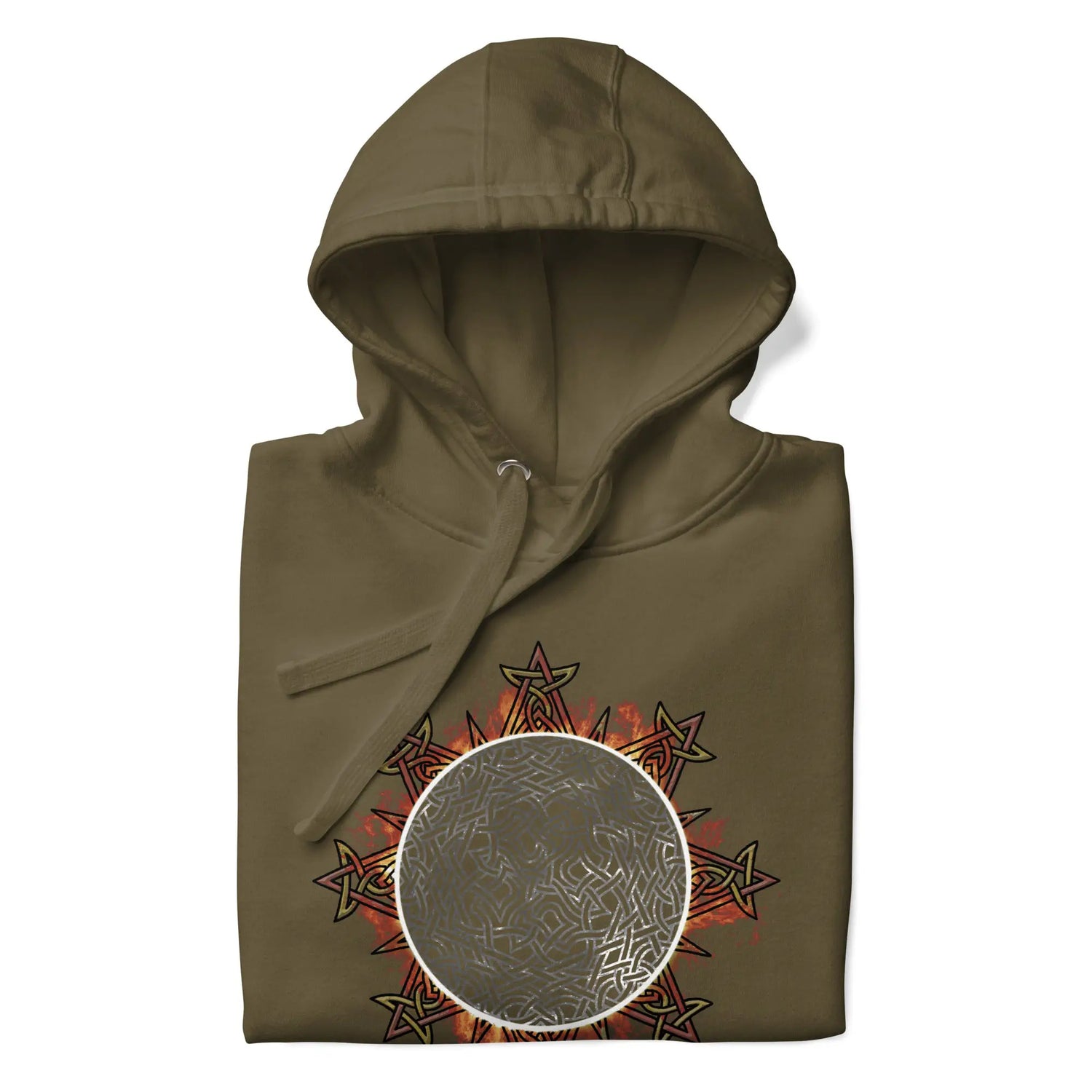 A folded military green Xigfireon graphic hoodie featuring the Eclipsed iteration of the Morning Star Fire Celtic knot design, inspired by the 2023 Annular Solar Eclipse.