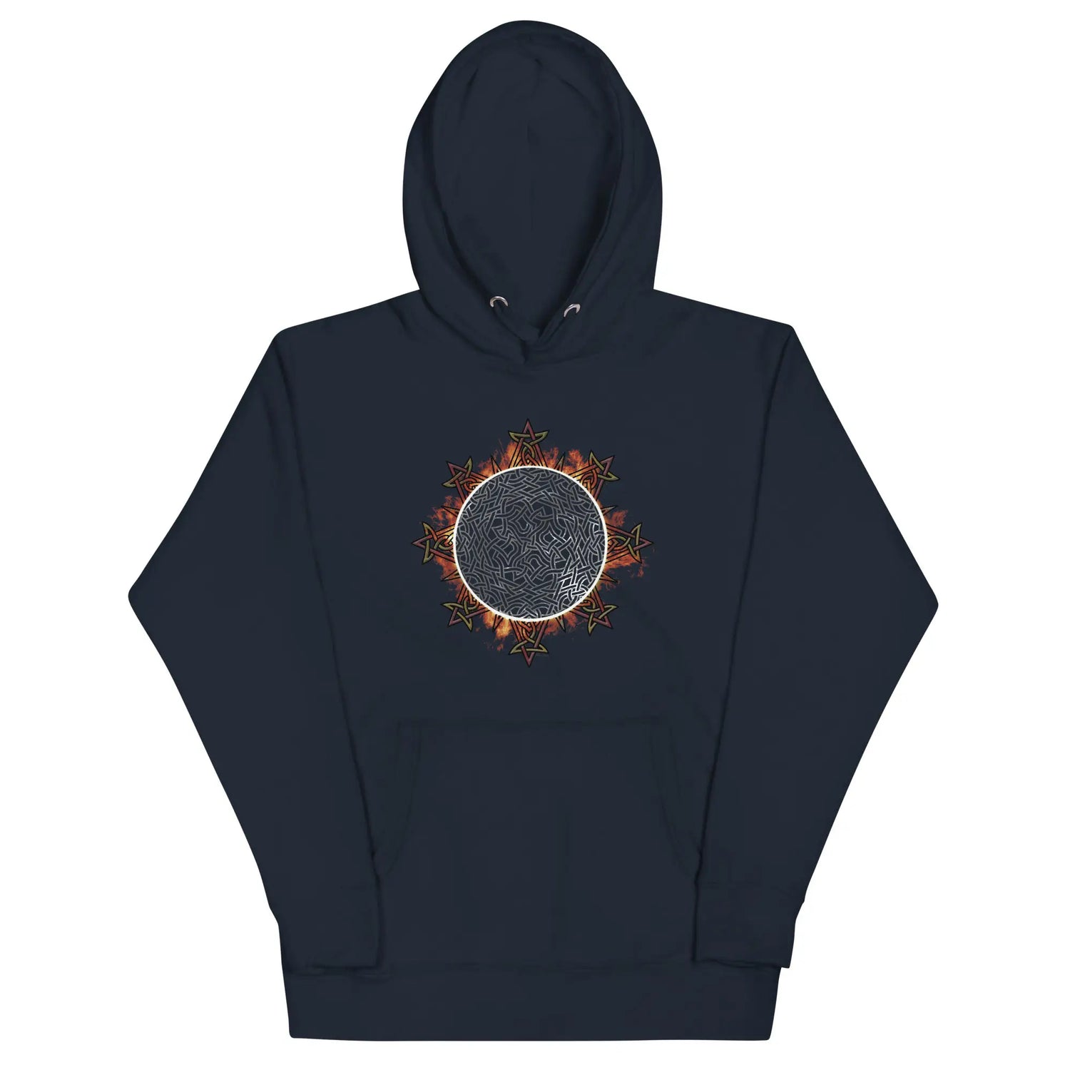 A navy blazer blue Xigfireon graphic hoodie featuring the Eclipsed iteration of the Morning Star Fire Celtic knot design, inspired by the 2023 Annular Solar Eclipse.