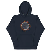A navy blazer blue Xigfireon graphic hoodie featuring the Eclipsed iteration of the Morning Star Fire Celtic knot design, inspired by the 2023 Annular Solar Eclipse.