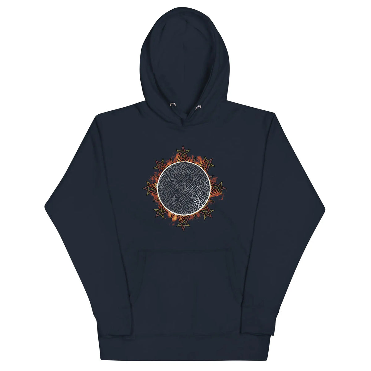 A navy blazer blue Xigfireon graphic hoodie featuring the Eclipsed iteration of the Morning Star Fire Celtic knot design, inspired by the 2023 Annular Solar Eclipse.