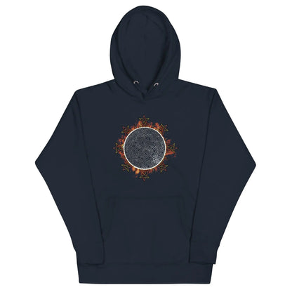 A navy blazer blue Xigfireon graphic hoodie featuring the Eclipsed iteration of the Morning Star Fire Celtic knot design, inspired by the 2023 Annular Solar Eclipse.