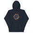A navy blazer blue Xigfireon graphic hoodie featuring the Eclipsed iteration of the Morning Star Fire Celtic knot design, inspired by the 2023 Annular Solar Eclipse.
