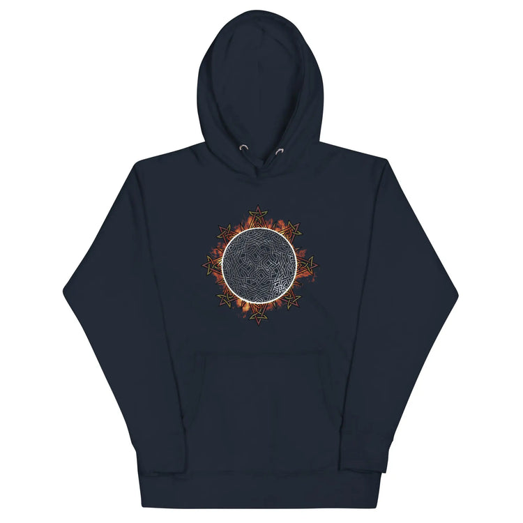 A navy blazer blue Xigfireon graphic hoodie featuring the Eclipsed iteration of the Morning Star Fire Celtic knot design, inspired by the 2023 Annular Solar Eclipse.