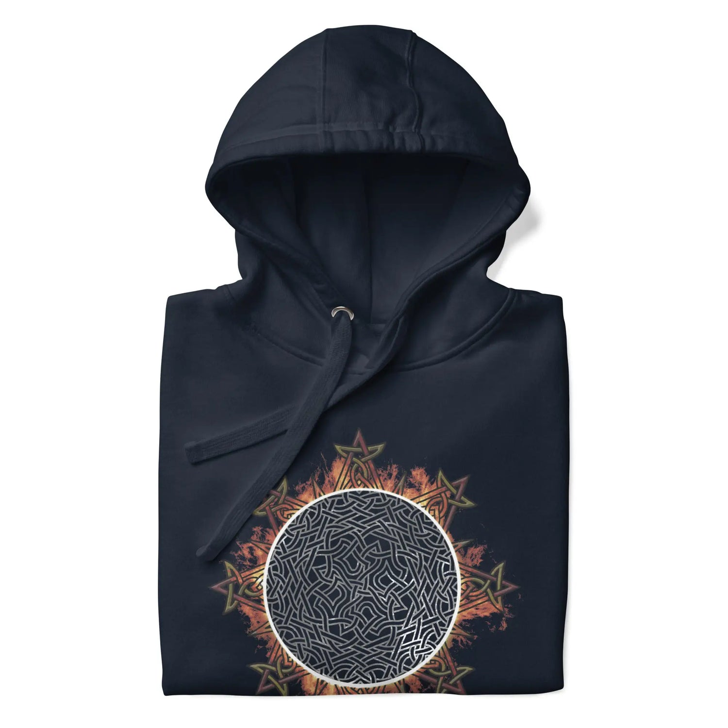 A folded navy blazer blue Xigfireon graphic hoodie featuring the Eclipsed iteration of the Morning Star Fire Celtic knot design, inspired by the 2023 Annular Solar Eclipse.