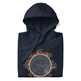 A folded navy blazer blue Xigfireon graphic hoodie featuring the Eclipsed iteration of the Morning Star Fire Celtic knot design, inspired by the 2023 Annular Solar Eclipse.