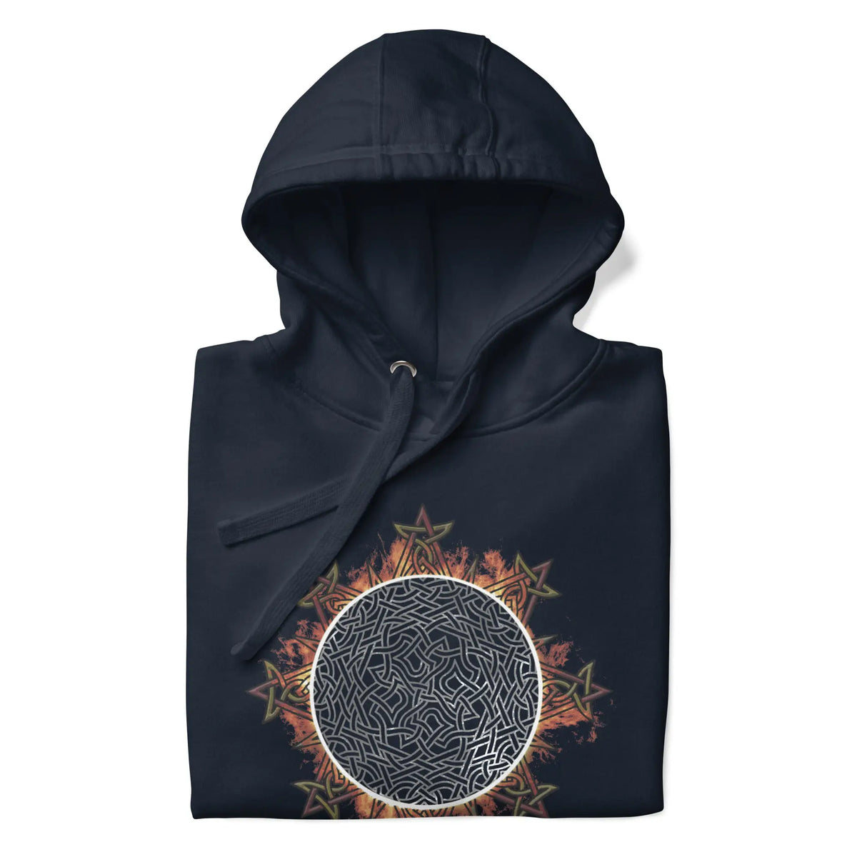 A folded navy blazer blue Xigfireon graphic hoodie featuring the Eclipsed iteration of the Morning Star Fire Celtic knot design, inspired by the 2023 Annular Solar Eclipse.