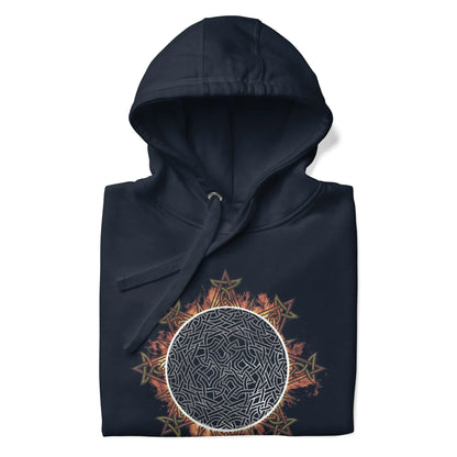 A folded navy blazer blue Xigfireon graphic hoodie featuring the Eclipsed iteration of the Morning Star Fire Celtic knot design, inspired by the 2023 Annular Solar Eclipse.