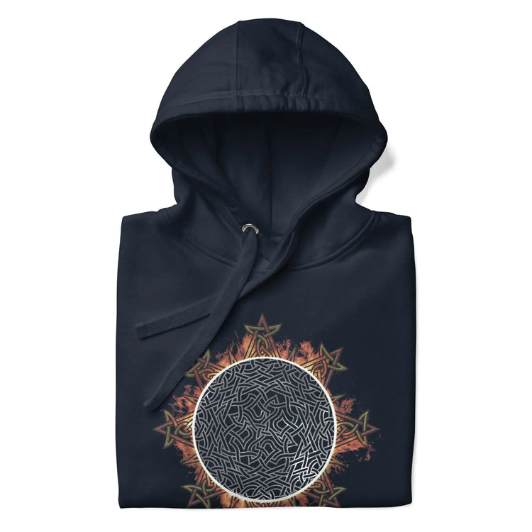 A folded navy blazer blue Xigfireon graphic hoodie featuring the Eclipsed iteration of the Morning Star Fire Celtic knot design, inspired by the 2023 Annular Solar Eclipse.