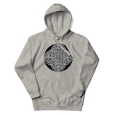A carbon grey Xigfireon graphic hoodie featuring the Black & White Circle iteration of the Reach Of The Spirit Celtic knot design. The Reach Of The Spirit Celtic knot represents our magnificent Mother Earth.