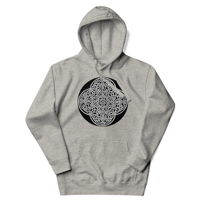 A carbon grey Xigfireon graphic hoodie featuring the Black &amp; White Circle iteration of the Reach Of The Spirit Celtic knot design. The Reach Of The Spirit Celtic knot represents our magnificent Mother Earth.