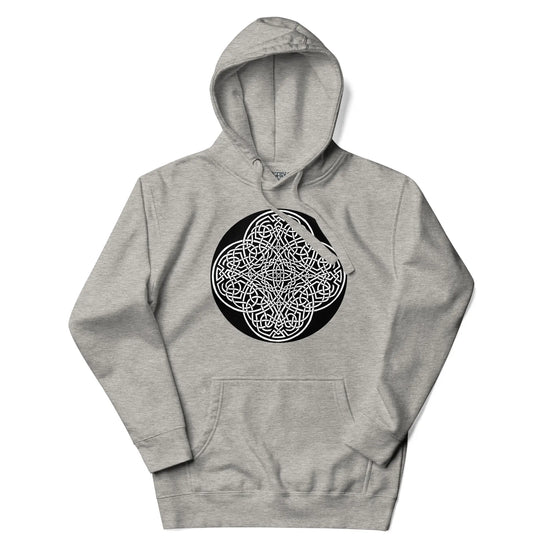 A carbon grey Xigfireon graphic hoodie featuring the Black & White Circle iteration of the Reach Of The Spirit Celtic knot design. The Reach Of The Spirit Celtic knot represents our magnificent Mother Earth.