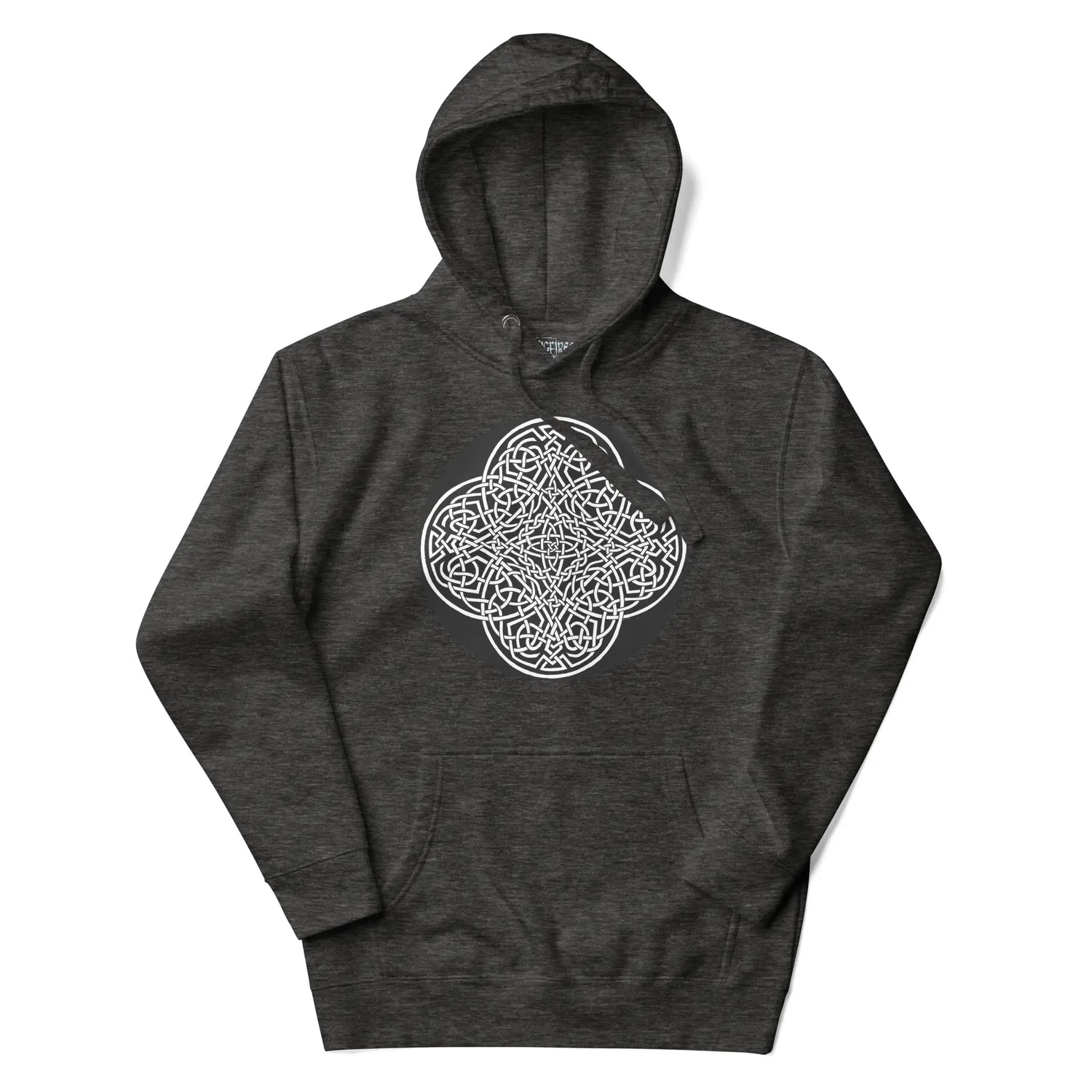 A charcoal heather Xigfireon graphic hoodie featuring the Black & White Circle iteration of the Reach Of The Spirit Celtic knot design. The Reach Of The Spirit Celtic knot represents our magnificent Mother Earth.
