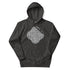 A charcoal heather Xigfireon graphic hoodie featuring the Black & White Circle iteration of the Reach Of The Spirit Celtic knot design. The Reach Of The Spirit Celtic knot represents our magnificent Mother Earth.