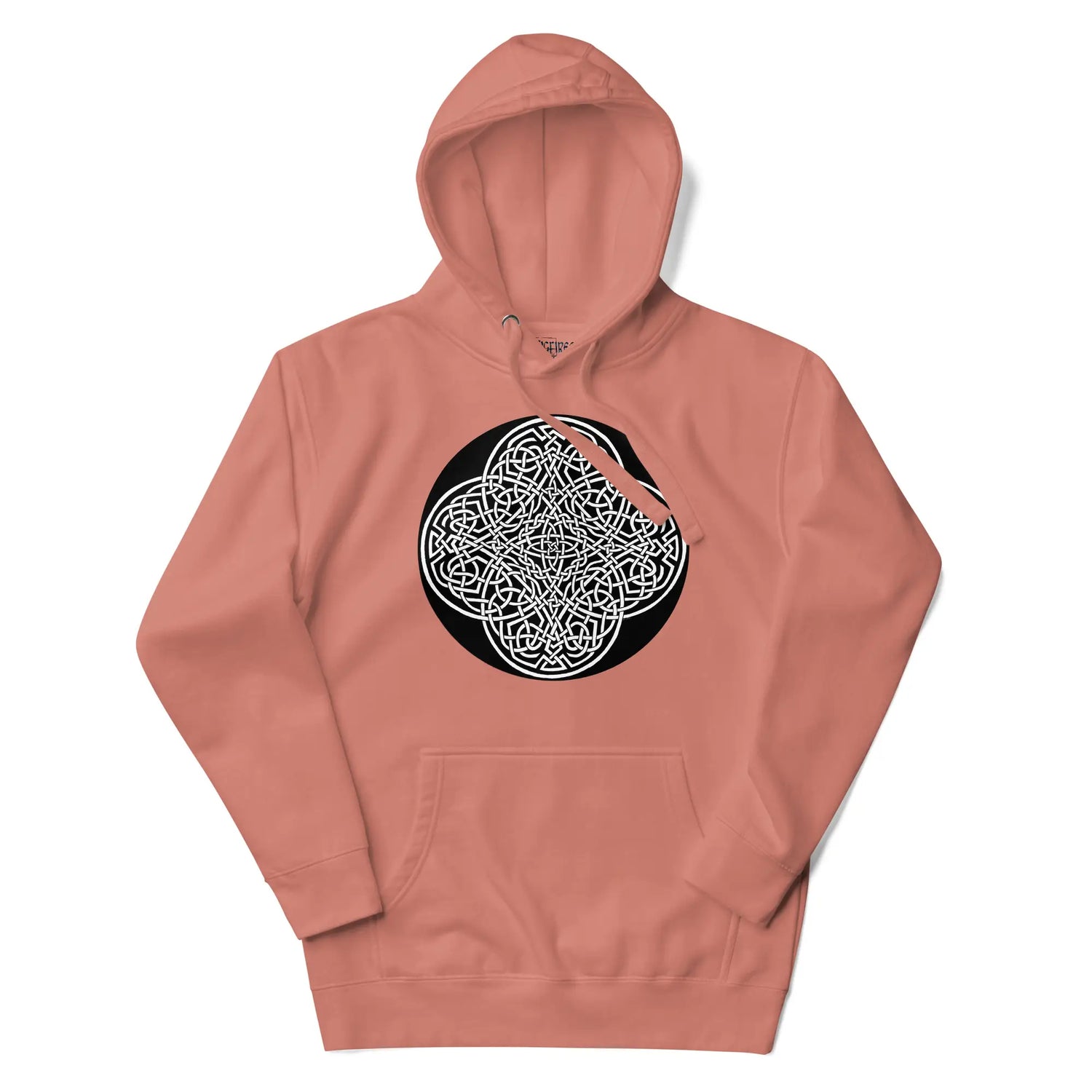 A dusty rose Xigfireon graphic hoodie featuring the Black & White Circle iteration of the Reach Of The Spirit Celtic knot design. The Reach Of The Spirit Celtic knot represents our magnificent Mother Earth.