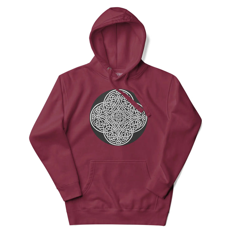 A maroon Xigfireon graphic hoodie featuring the Black & White Circle iteration of the Reach Of The Spirit Celtic knot design. The Reach Of The Spirit Celtic knot represents our magnificent Mother Earth.
