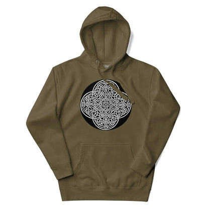 A military green Xigfireon graphic hoodie featuring the Black &amp; White Circle iteration of the Reach Of The Spirit Celtic knot design. The Reach Of The Spirit Celtic knot represents our magnificent Mother Earth.