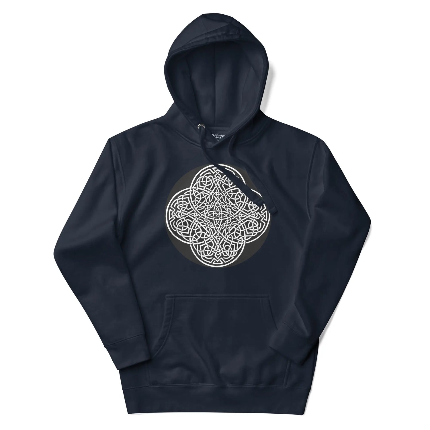 A navy blazer blue Xigfireon graphic hoodie featuring the Black & White Circle iteration of the Reach Of The Spirit Celtic knot design. The Reach Of The Spirit Celtic knot represents our magnificent Mother Earth.
