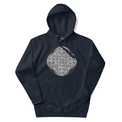 A navy blazer blue Xigfireon graphic hoodie featuring the Black &amp; White Circle iteration of the Reach Of The Spirit Celtic knot design. The Reach Of The Spirit Celtic knot represents our magnificent Mother Earth.