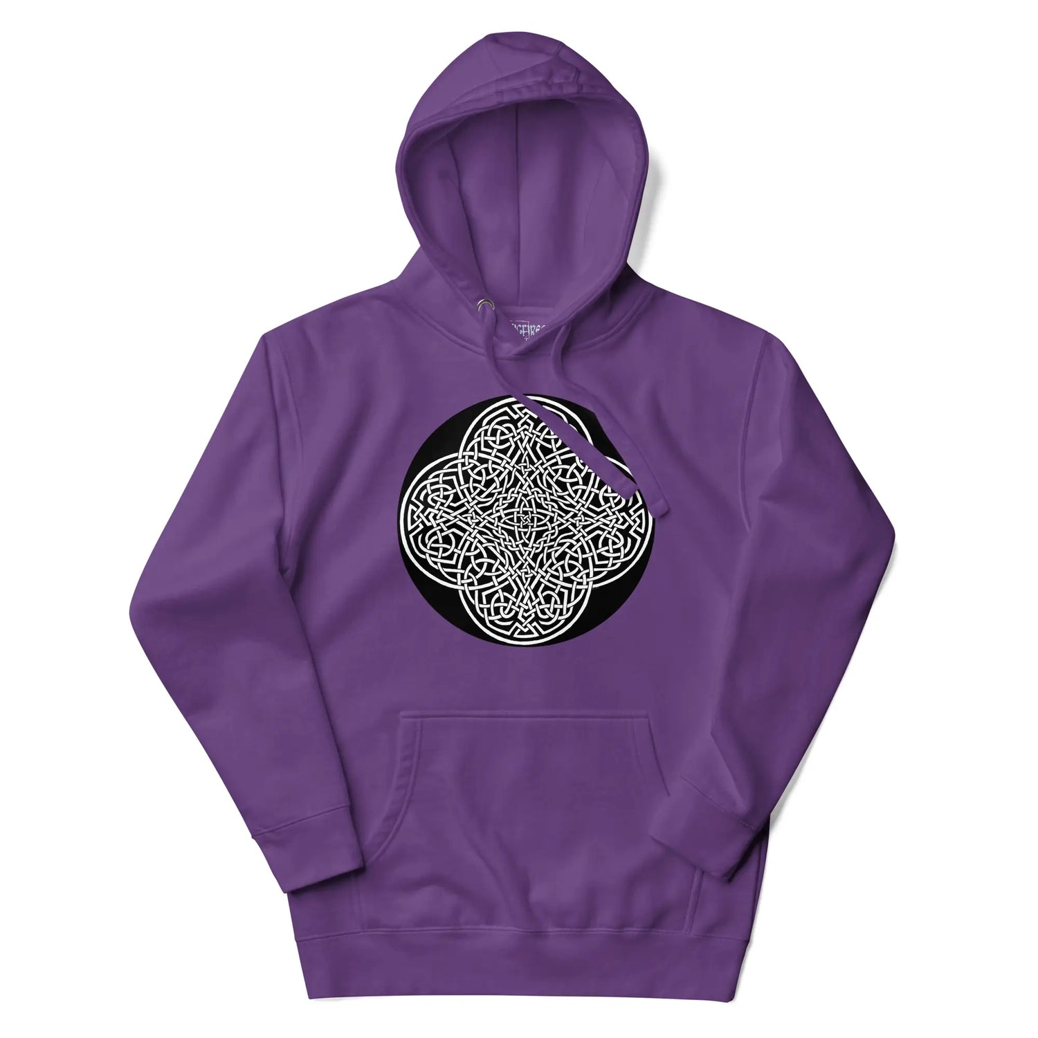 A purple Xigfireon graphic hoodie featuring the Black & White Circle iteration of the Reach Of The Spirit Celtic knot design. The Reach Of The Spirit Celtic knot represents our magnificent Mother Earth.
