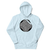 A sky blue Xigfireon graphic hoodie featuring the Black & White Circle iteration of the Reach Of The Spirit Celtic knot design. The Reach Of The Spirit Celtic knot represents our magnificent Mother Earth.