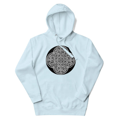 A sky blue Xigfireon graphic hoodie featuring the Black &amp; White Circle iteration of the Reach Of The Spirit Celtic knot design. The Reach Of The Spirit Celtic knot represents our magnificent Mother Earth.