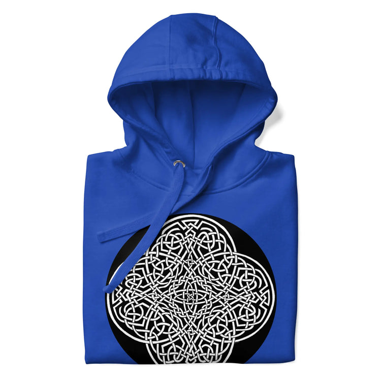 A folded royal blue Xigfireon graphic hoodie featuring the Black & White Circle iteration of the Reach Of The Spirit Celtic knot design. The Reach Of The Spirit Celtic knot is an Earth symbol.