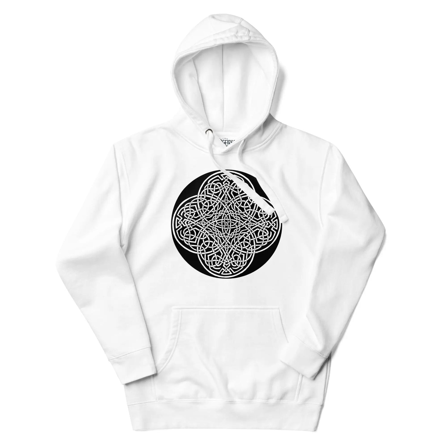 A white Xigfireon graphic hoodie featuring the Black & White Circle iteration of the Reach Of The Spirit Celtic knot design. The Reach Of The Spirit Celtic knot represents our magnificent Mother Earth.