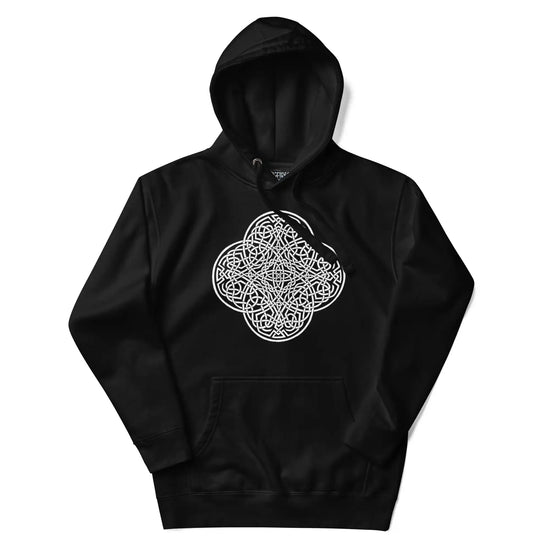 A black Xigfireon graphic hoodie featuring the Black & White Hollow iteration of the Reach Of The Spirit Celtic knot design. The Reach Of The Spirit Celtic knot symbolizes the Earth.