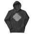 A charcoal heather Xigfireon graphic hoodie featuring the Black & White Hollow iteration of the Reach Of The Spirit Celtic knot design. The Reach Of The Spirit Celtic knot symbolizes the Earth.