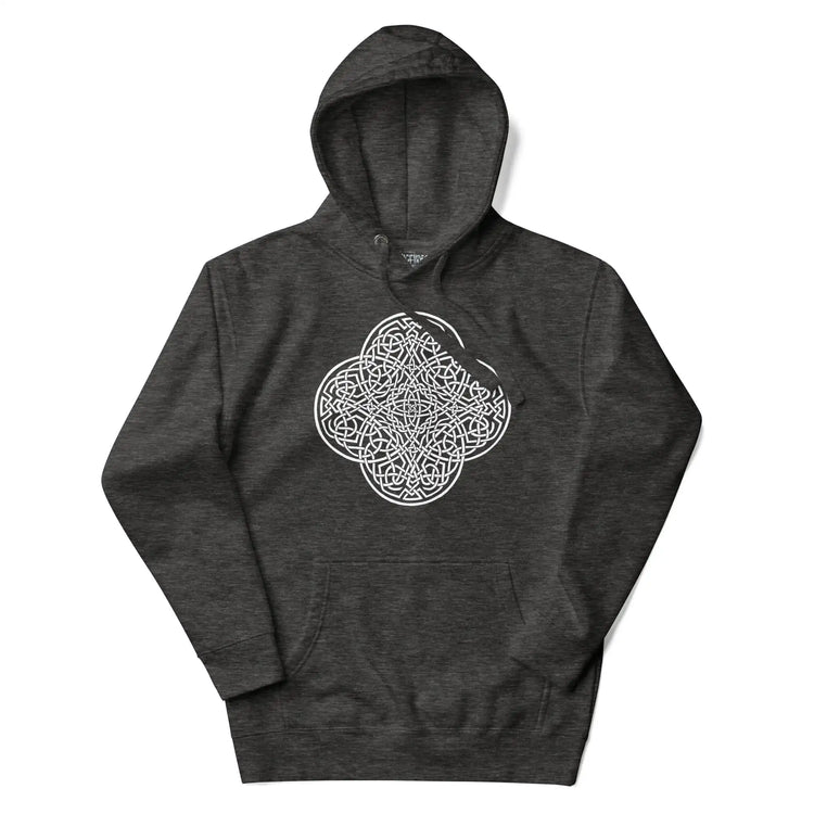A charcoal heather Xigfireon graphic hoodie featuring the Black & White Hollow iteration of the Reach Of The Spirit Celtic knot design. The Reach Of The Spirit Celtic knot symbolizes the Earth.