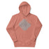 A dusty rose Xigfireon graphic hoodie featuring the Black & White Hollow iteration of the Reach Of The Spirit Celtic knot design. The Reach Of The Spirit Celtic knot symbolizes the Earth.